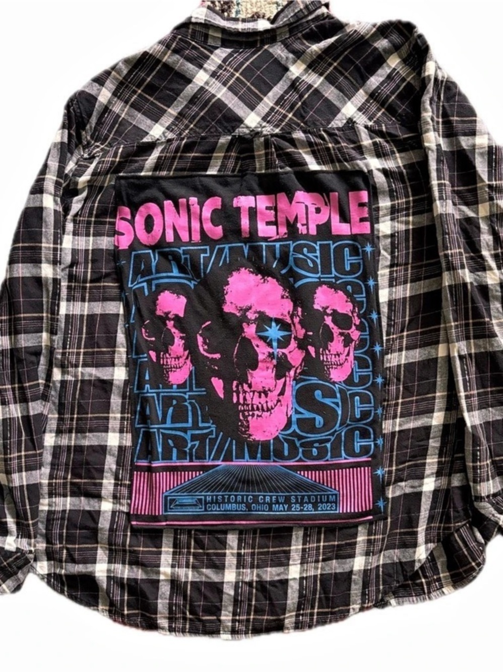Upcycled Sonic Temple Plaid Graphic Button Down in Black & White